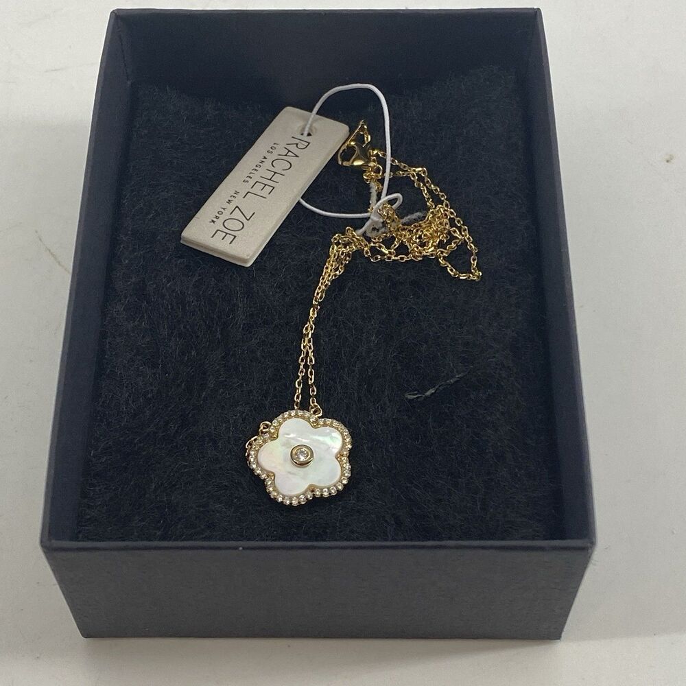 Rachel Zoe Mother of Pearl Flower Pendant Necklace 18” Gold Plated Silver